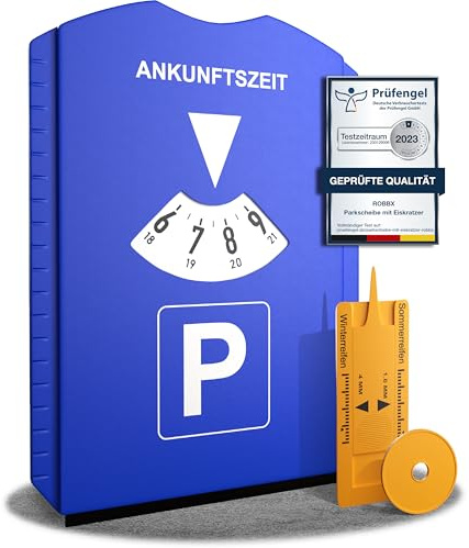 ROBBX® Parkscheibe mit Eiskratzer für Auto und Motorrad | Parkuhr inkl. Reifenprofilmesser und Einkaufswagenchip | Parkscheiben | Parking Disc