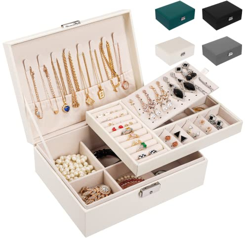 LUZOON Schmuckschatulle Schmuckkästchen für Damen, 2 Schich Schmuckaufbewahrung Mädchen Schmuckkasten Schmuckbox PU Leder Schmuck Groß für Ringe, Ohrringe, Halskette (Weiß)