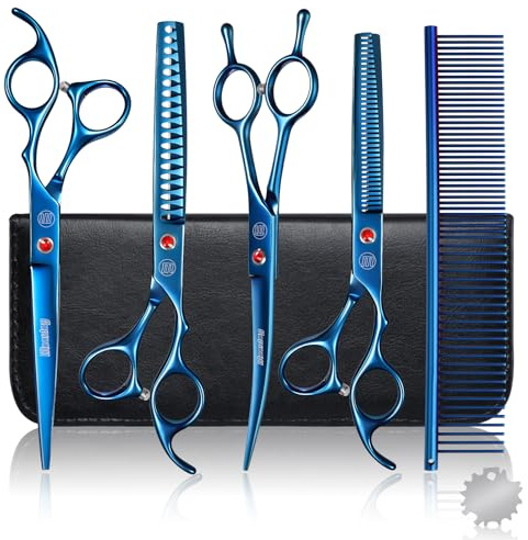 Moontay Fellschere Hundeschere professionelles Hundepflege-Scherenset Hundeschere Tierpflege-Schere mit Gebogene/Gerade/Chunker/Ausdünnungsschere Blau