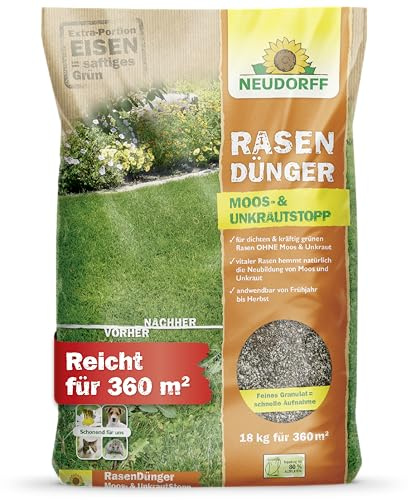 Neudorff RasenDünger Moos- & UnkrautStopp – Rasendünger mit Eisen und Kalium sorgt für einen dichten, grünen Rasen ohne Moos und Unkraut, 18 kg für 360 m²
