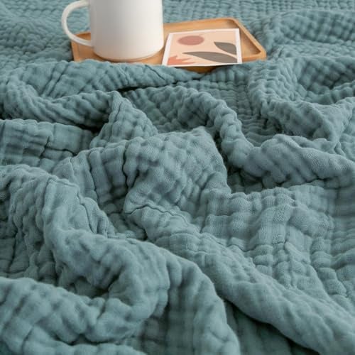 EMME Musselin-Decke Erwachsene 100% Baumwolle, 152 x 203 cm Blaugrün Sommer-Überwurf Decken für Couch, atmungsaktive Gaze-Decke alle Jahreszeiten, weich und leicht vorgewaschene Baumwolldecke