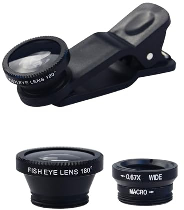 Handy Objektiv Kamera Linse Kit 3 In 1 - Handy Objektiv Set | Vorsatzlinsen Kamera Für Smartphone, 0,67X Weitwinkel Objektiv / 180° FisheyeObjektiv / 10-Fach Makro Linse, Schwarz