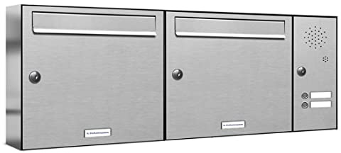 AL Briefkastensysteme 2er Briefkastenanlage mit Klingel, Edelstahl, Premium Doppel-Briefkasten DIN A4, 2 Fach Postkasten modern Aufputz