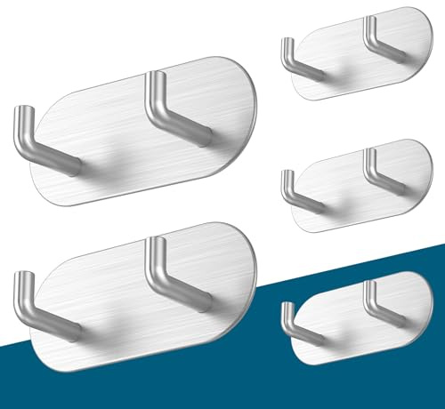 HouseUp Handtuchhalter ohne Bohren, 5er Set Klebehaken Extra Stark, Rostfrei Edelstahl Haken selbstklebend, Moderne Design Wandhaken Handtuchhaken Bad (Silber)