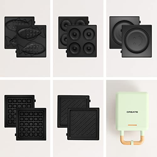 CREATE/STONE STUDIO/Sandwichmaker mit 5 austauschbaren Platten in Pastellgrün/Sandwich-Grill, Waffel, Taiyaki, Pfannkuchen und Donuts, Antihaftbeschichtung, 100° Öffnung, 600W