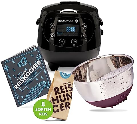 REISHUNGER Digitaler Reiskocher klein – 0,6 L – Starterset – Schwarz | Für bis zu 3 Personen – 11-teiliges Starterset inkl. Reiswaschschüssel, Kochbuch & 8 Sorten Reis