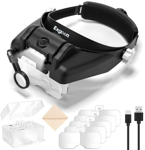 Exgoon Lupe mit Licht, 1X-14X Verstellbare Lupenbrille für Brillenträger | Wiederaufladbare LEDs mit 2 Stufen, 5 Acryl HD Linsen, 2 Linsenschlitze, Freihändige Kopflupe für Zahnarzt Kosmetik Modellbau