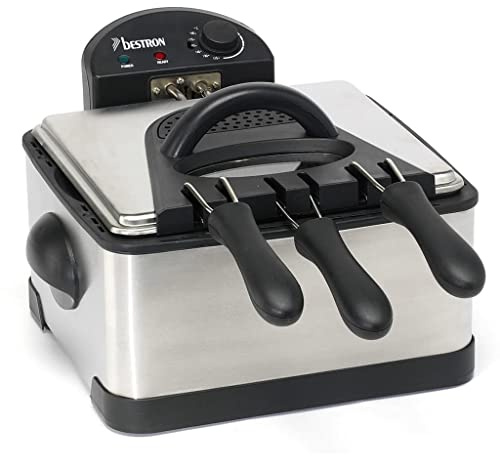 Bestron XL Öl-Fritteuse mit 3 Frittierkörben, inkl. Kaltzonentechnologie & herausnehmbaren Ölbehälter, 4 Liter, spülmaschinengeeignet, 2000 W, Edelstahl, Farbe: silber