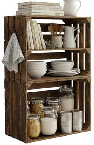Teramico Holzkisten geflammt Vintage Deko (2er Set / 1 x Boden Lang) | Stabile Weinkisten für den kreativen Möbelbau. Obstkisten als Sets toll kombinierbar zur Dekoration & Aufbewahrung.