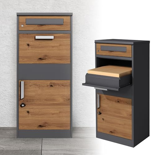 ML-Design Paketbriefkasten aus verzinktem Stahl in Anthrazit-Eiche Optik, 50x112x37 cm, abschließbar, 2 Schlüssel, Standbriefkasten Paketbox Postkasten Paketkasten, für Pakete, Warensendungen, Briefe