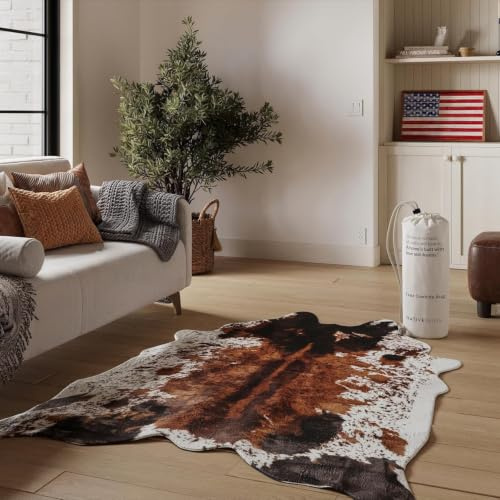NativeSkins Teppich aus Rindslederimitat, Originalbraun (groß), 120 x 180 cm, dreilagige Unterstützung, ultraweicher Flor, handgeschnitten, Wildlederimitat, rutschfeste Unterseite, Westernteppich