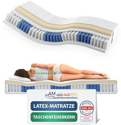 AM Qualitätsmatratzen Latex-Taschenfederkernmatratze 90x200cm H2 24cm - Made in Germany & Oeko TEX Siegel - 7 Zonen Latex-Federkernmatratze 90x200 mit 480 Federn & Lyocell Bezug