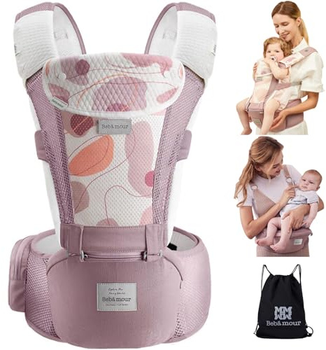 Bebamour Babytrage, ergonomisch, mit Hüftsitz, reine Baumwolle, leicht und atmungsaktiv, mehrere Positionen, für 0 – 36 Monate (Air Pink mit Design)
