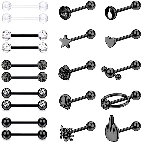 JeweBella 20 Stück 14G Zungenpiercing Set für Damen Herren Chirurgenstahl Nippelpiercing Zungenpiercing Silber/Schwarz Barbell Brustwarzenpiercing Zungenpiercing 16 mm Stablänge
