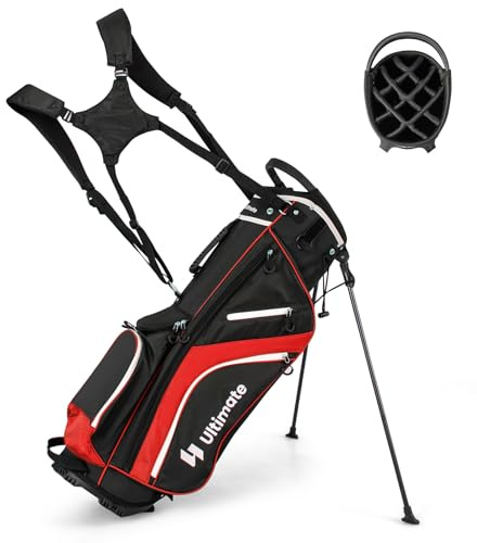 COSTWAY Golfbag, Golftasche mit 14-facher Unterteilung & 6 Taschen, Golf Stand Bag mit Standfüßen & Regenhaube, leichte Pencil Bag tragbar für Männer & Frauen (Rot)