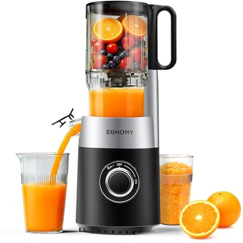 EUHOMY Entsafter, Slow Juicer, Entsafter Gemüse und Obst Testsieger mit | 135MM Einfüllöffnung | 1,8 L Füllvolumen | 2 Tassen | Saftpresse Elektrisch, Blacksilver