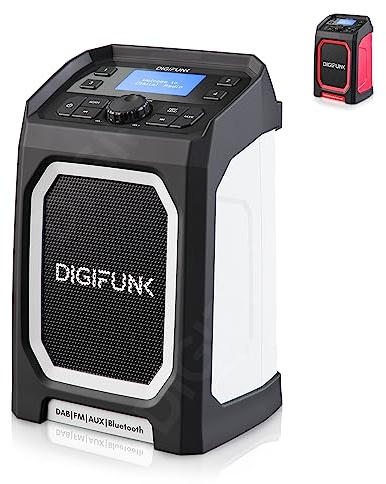DigiFunk Baustellenradio mit Akku | Wiederaufladbar über USB | DAB Plus/DAB, Bluetooth, FM, AUX | IP65 Wasserdicht Robustes Langlebiges Design (Weiß)