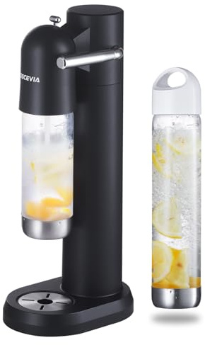 Wassersprudler mit Kunststoffflasche (1L + 0.5L) – Sprudelautomat für Zuhause, Wasser Sprudler, Sprudelwasser Maschine, BPA-frei, Kompatibel mit 60L CO2 Gewinde Zylinder(Nicht enthalten) – Schwarz