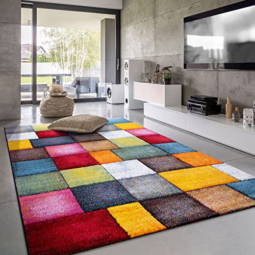 Paco Home Teppich Wohnzimmer Kinderzimmer Kurzflor Moderne 3D Optik Kariert Geometrische Muster, Grösse:80x150 cm, Farbe:Bunt