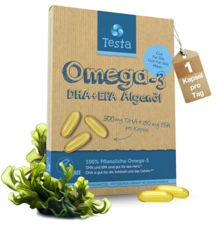 Omega 3 Vegan Algenöl – Hochdosiert 300mg DHA + 150mg EPA pro Kapsel - Nur 1 Kapsel pro Tag - Pflanzliches Omega 3 aus Algenöl - 60 Kapseln