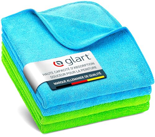 Glart 4484 Mikrofasertücher 4er Set – 40×40 cm – 360 GSM – fusselfrei, kratzfrei & saugstark – rundvernäht, maschinenwaschbar – für Auto, Haushalt, Bad, Küche – Grün/Blau