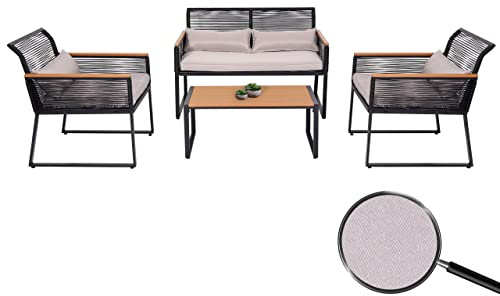 Mendler Garten-Garnitur HWC-K42 Seilgeflecht Rope Holzoptik hellgrau | Gartenlounge, Lounge-Set, Sitzgruppe, Sofa, Polster, Stahl