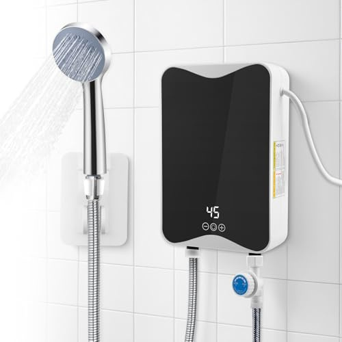 5.5KW 220V Elektrischer Durchlauferhitzer Dusche, Mini Instant Elektro Wassererhitzer mit Duschdüse, Tankless Dusche Heißwassersystem für Badezimmer Küche Garten, mit Ablesbarer LED Temperaturanzeige