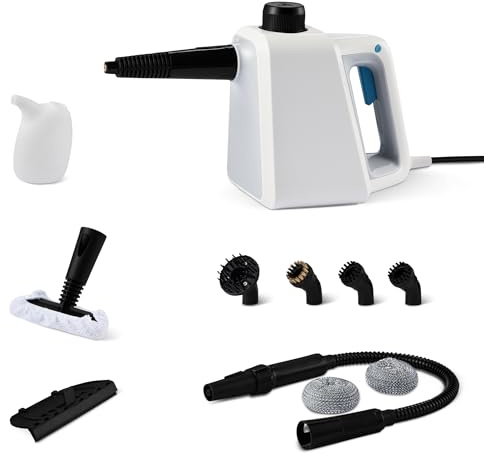 Amazon Basics Handdampfreiniger für den Haushalt mit 9 Zubehörteilen, leistungsstarkem 1000-W-Dampfstoß, 250-ml-Tank, weiß
