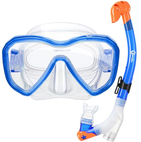 Dorlle Kinder Schnorchelset Tauchset Schnorchelmaske mit 3-Kanal Premium Dry Schnorchel und Anti-Leck Anti-Fog Taucherbrille Professionelle Schnorchel Set für Kinder,Blau