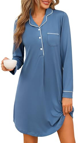 Jahetuul Nachthemd Damen Schlafshirt Langarm V-Ausschnitt Nachthemden | für Damen Baumwolle Nachtwäsche Sleepshirt Nachtkleid mit Knopfleiste