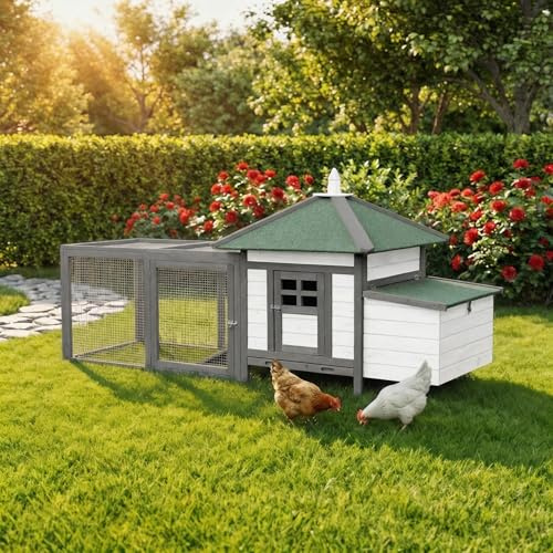Miweba MyAnimal Hühnerstall für 3 Hühner | 206x73x123 cm Winterfest - Vogelhaus - Hühnergehege mit Nistkasten - Voliere - Hühnerhaus - Freilaufgehege Huhn - Legenest - Vogelvoliere (Grau/Weiß)