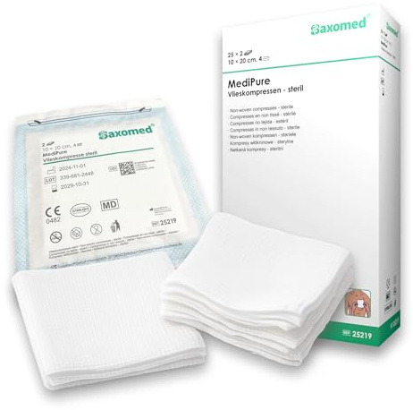 Saxomed Kompressen steril 10x20 cm - 50 Stück Wundkompressen sterile Gaze - Wundverband Wundauflage nicht haftend - Vlieskompressen Ideal für Erste Hilfe & Pflege