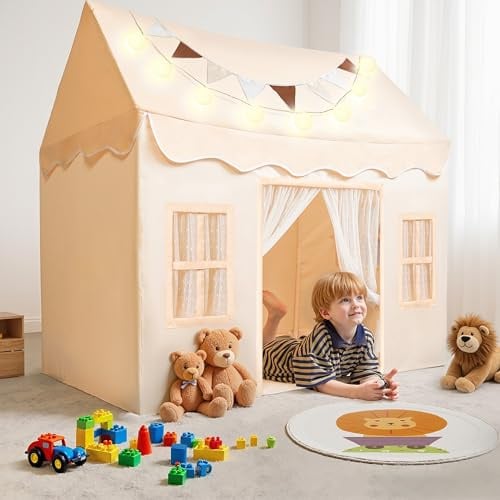 SYNCFUN Kinderzelt Indoor mit Matte und Lichtern Spielzelt Kinder Spielhaus für Drinnen 51*35*52 Inch Prinzessin Zelt Spielzelt für Kleinkinder 3-13 Jahre Kinderzimmer für Mädchen (Beige),Play Tent