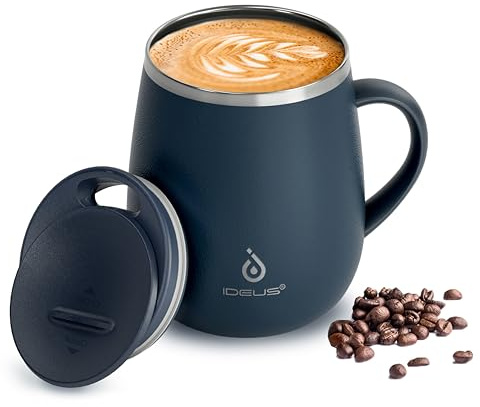 Ideus Kaffeebecher 470 ml (16 oz), doppelwandige vakuumisolierte Kaffee- und Teetasse aus Edelstahl mit rutschfestem Griff und Schiebemoduldeckel und großem Volumen (Marineblau)