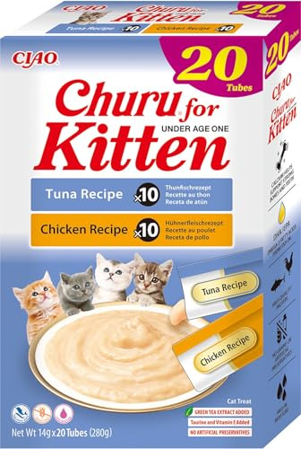 INABA Churu Kitten, Katzenleckerlies mit Huhn und Thunfisch, 20x14g | Creamy Snack, Katzenleckerlis Junior 2-12 Monate, mit Omega 3, Taurin, Premium Kitten Nassfutter, mit hochwertigen Zutaten