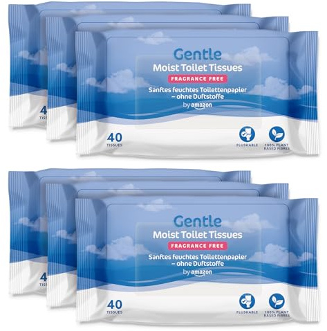 by Amazon Sanfte, feuchte Toilettentücher, geruchlos, fein bis spülend, Unparfümiert, 240 Stück (6 Packungen mit je 40 Stück)