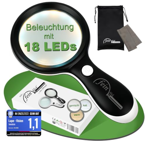 FEINBLICK Große Lupe mit Licht, Beleuchtung 18 LED, kalt/warm | 5x Vergrößerung, Echtglaslinse, Lesehilfe für Senioren, Leselupe, für Münzen, Sammelkarten, Büro, Bücher