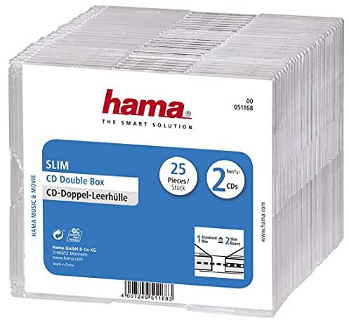 Hama CD-Doppelhüllen-Box im Super-Slim-Design für 50 CDs/DVDs/Blu-Rays, 25er-Pack, transparent