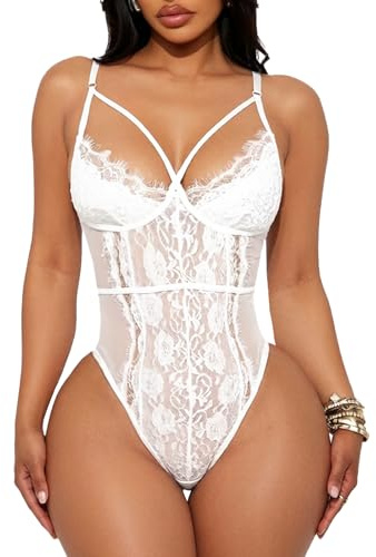 Buitifo Damen Sexy Body Dessous Ein Stück Babydoll V-Ausschnitt Teddy Schritt einrasten(weiß,S)