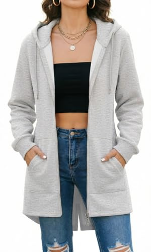 Tuopuda Sweatjacke Damen Lange Übergangsjacke Hoodie Jacke Oversize Reißverschluss Winterjacke Langarm Mantel Winter Warm Kapuzenpullover Sweatshirt mit Kapuze Kapuzenjacke mit Taschen Kapuzenpulli