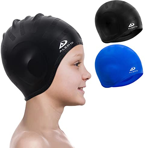 Alepo 2 Pack Badekappe Kinder Mädchen Jungen, Bademütze Langlebige Silikon Badekappe mit 3D-Ohrenschutz für Kleinkinder, schwimmkappe Lange Haare im Alter von 3–15 Jahren, Nasenclip-Schwarz Blau