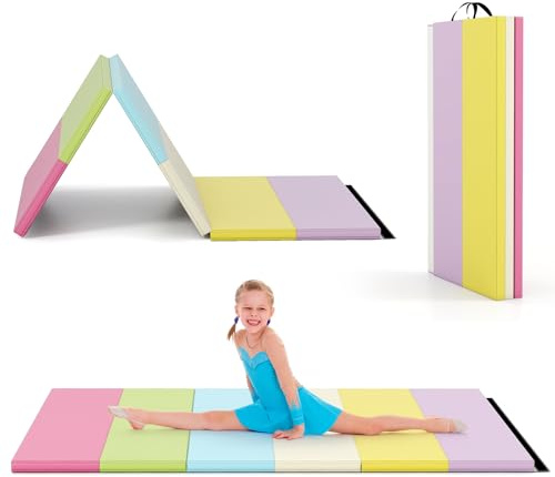 COSTWAY Turnmatte klappbar, 180 x 120cm Weichbodenmatte, Gymnastikmatte 5 fach faltbar aus PU mit Tragegriff, Sportmatte Fitnessmatte zuhause für Kinder Erwachsene (Macaron)