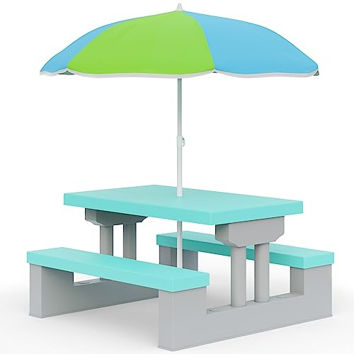 Spielwerk Kindersitzgruppe mit Sonnenschirm Mint | Stecksystem, Waschbar, ABS, Wetterfest, Outdoor, Indoor, Picknicktisch, Kindertisch, Gartenmöbel, UV 40+ Schutz