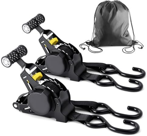 Vsshe Ratschengurte, 2,5 cm x 3,3 m, selbstrückprallende Gurte, 680 kg Bruchfestigkeit, Ratschengurte mit ergonomischen Griffen, geeignet für Motorräder, Autos, Camping und Transport (2er-Pack)