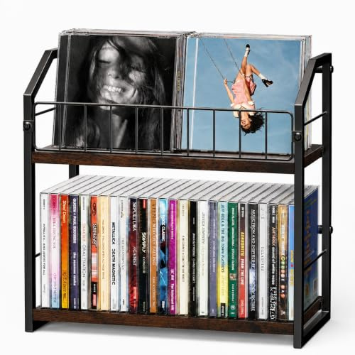 TJ.MOREE 2-Schichten-Schallplatten regal, 56-Kapazitäts- schallplatten aufbewahrung/Cd halter/Schallplatten ständer, Industrie-Retro-Kohlenstoffstahl/Holz, Platzsparender Desktop-Manager