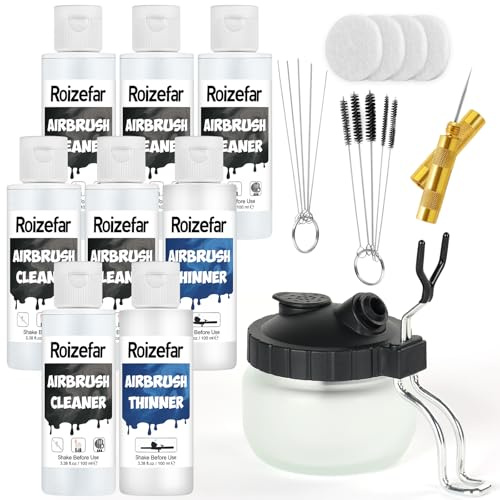 Roizefar Airbrush Reinigungsset, 6 Reiniger + 2 Verdünner & Reinigungstopf | Entfernt Effektiv Wasserbasierte Acrylfarbe, Airbrush Cleaner Kit für Airbrushpistolen & Andere Künstlerische Werkzeuge