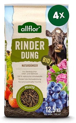 Allflor Rinderdung gekörnt - 4 x 12,5 Kg - Rinderdungpellets im Beutel - Wirtschaftsdünger von Rindern - Biologischer Gartendünger - Rindermist - Fördert die Humusbildung