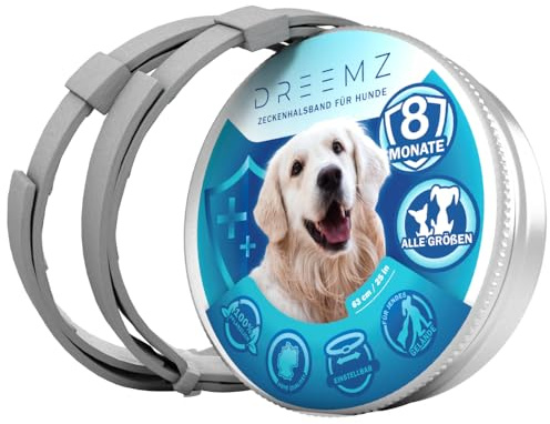 DREEMZ ® Zeckenhalsband für Hunde - Flohhalsband hundeFlohschutz Halsband für Hunde – Zeckenhalsband - 100% Natürlich - Schutzhalsband gegen Flöhe - 8 Monate Schutz - 63cm verstellbar (2 Einheiten)