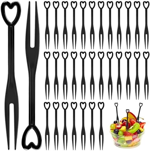 luckaide Obstgabeln, 200 Stück Fingerfood Spieße Plastik Schwarz, Pommesgabeln, Obst Zahnstocher, Pommes Piekser, Fruit Forks, Bento Food Picks, Einweg Mini Fruchtgabeln