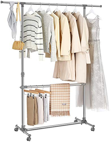SONGMICS Kleiderständer Garderobenständer mit Rollen Höhenverstellbar von 113 bis 198 cm, Edelstahl plattierte Rohre, LLR401